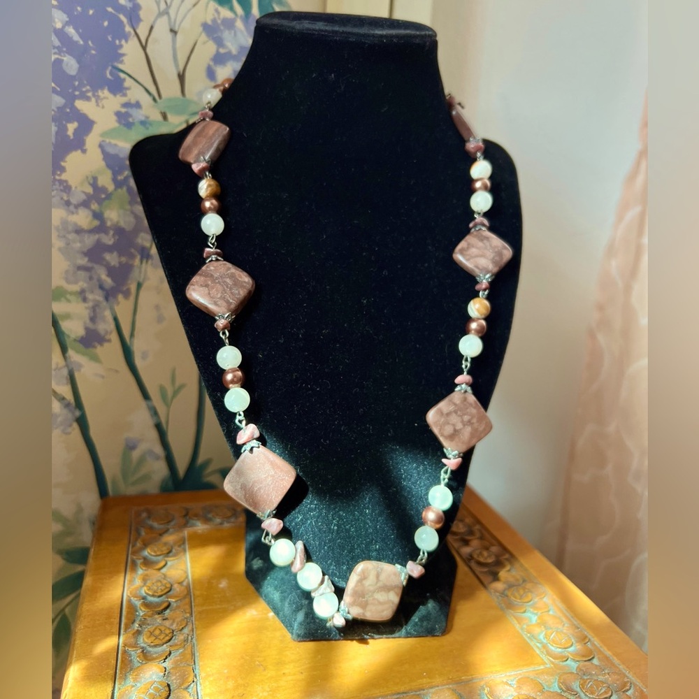 🌾 Natural Gemstone Necklace with Silver Wire — 22" Handmade
